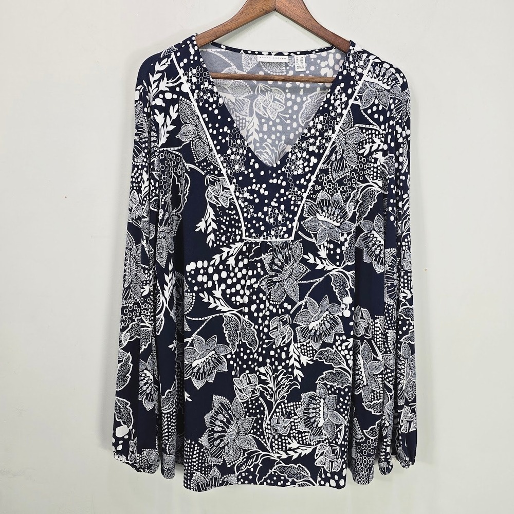 Susan Graver‎ Top Blouse Liquid Knit 2X Navy Floral Boho Long Balloon Sleeve